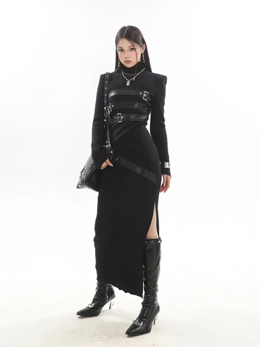 【23s November.】Knitted Patchwork Leather High-neck Slit Dress