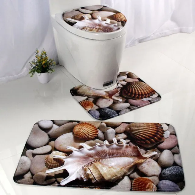 3pcs/lot Seascape Bath Mat Bathroom Carpet Set Ocean Underwater World Pattern Anti Slip Pedestal Rug Lid Toilet Cover