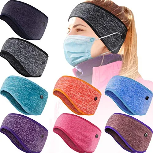 8 Pieces Ear Warmer Headbands with Buttons Winter Fleece Running Headband Fleece Earmuffs Sport Headband Winter Ear Covers for Men Women (Lined Style)