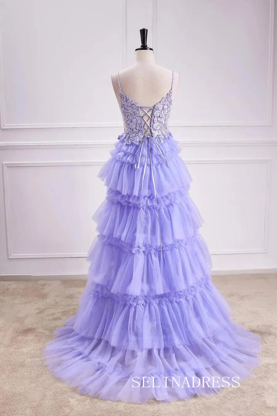 A-line Layers Lace-Up Appliques Lavender  Long Prom Dress lps027