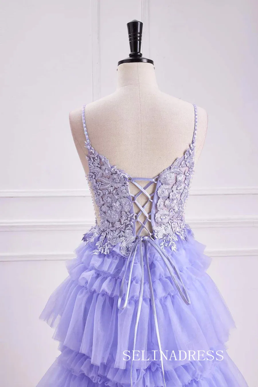 A-line Layers Lace-Up Appliques Lavender  Long Prom Dress lps027