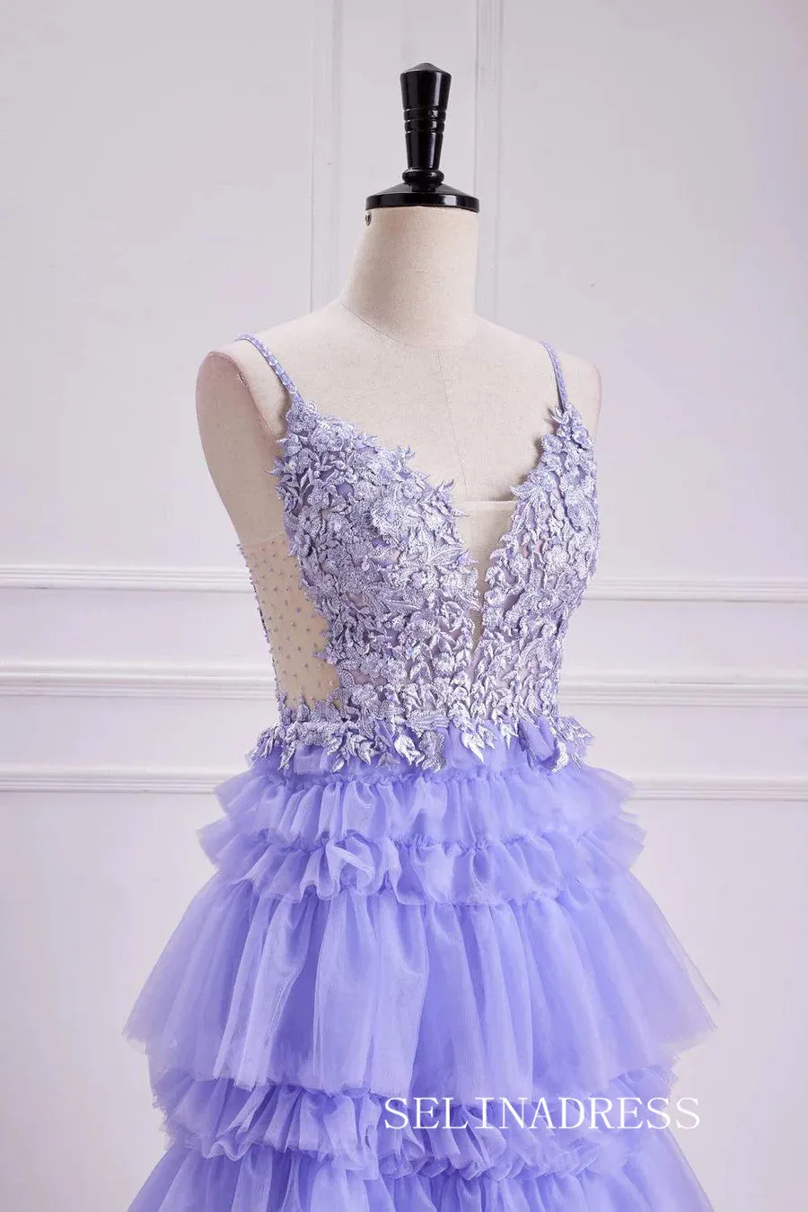 A-line Layers Lace-Up Appliques Lavender  Long Prom Dress lps027