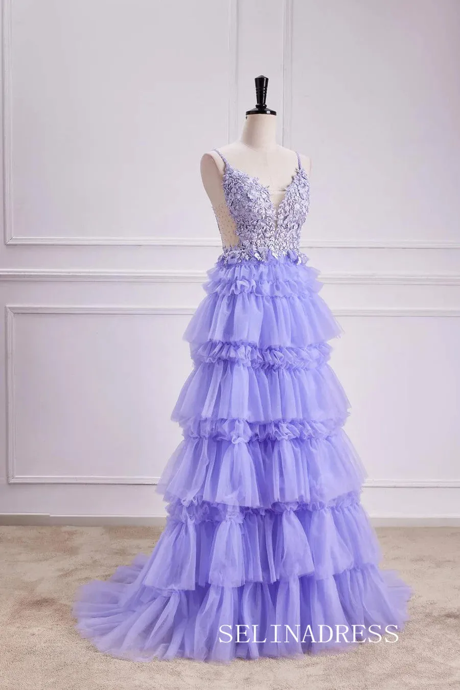 A-line Layers Lace-Up Appliques Lavender  Long Prom Dress lps027