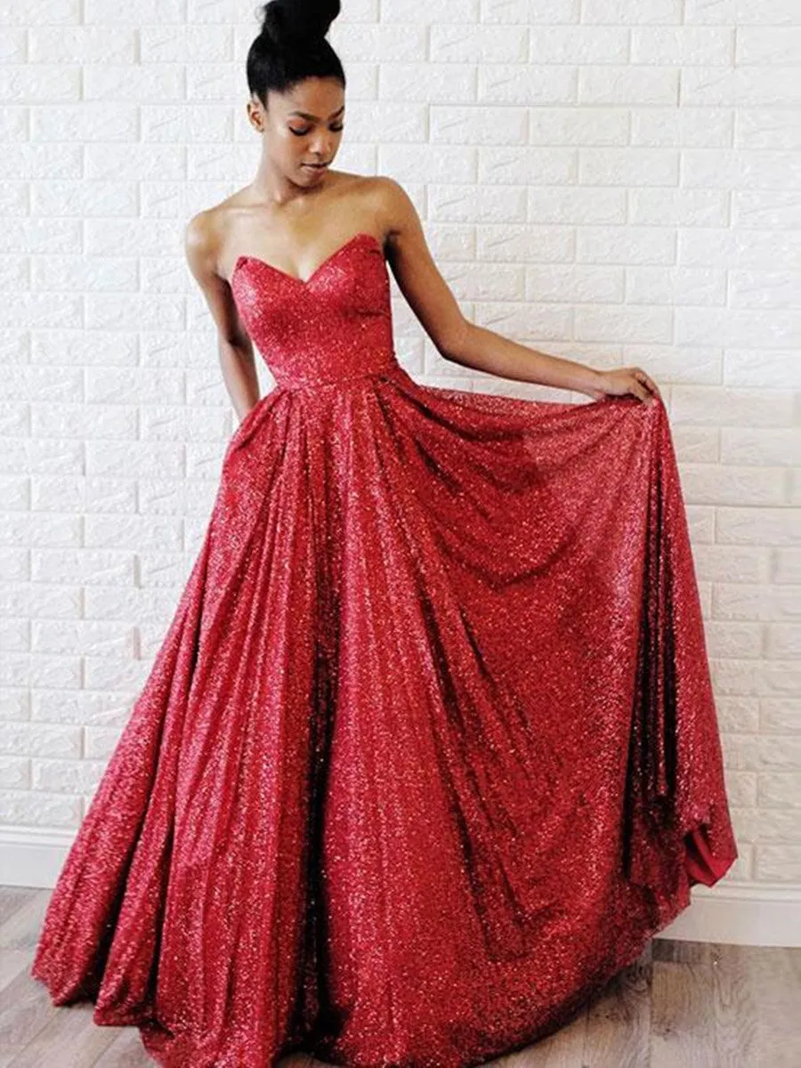 A Line Sweetheart Neck Burgundy Sequins Long Prom, Burgundy Evening, Formal