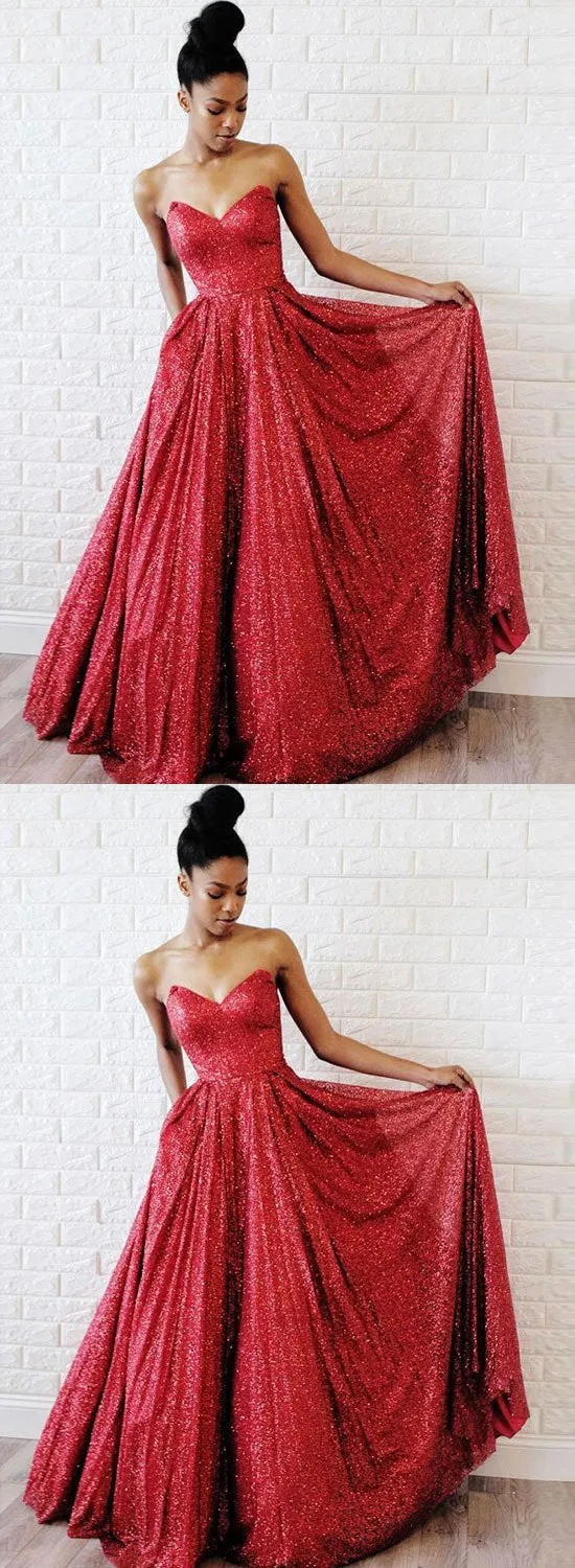 A Line Sweetheart Neck Burgundy Sequins Long Prom, Burgundy Evening, Formal