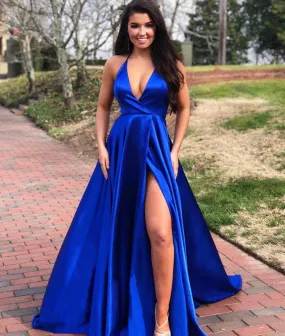 A Line V Neck Royal Blue/Yellow Satin Long Prom Dresses with Side Slit, Royal Blue/Yellow V Neck Formal Graduation Evening Dresses