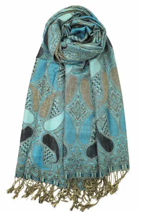 Achillea Teal Black Multi Color Paisley Pashmina