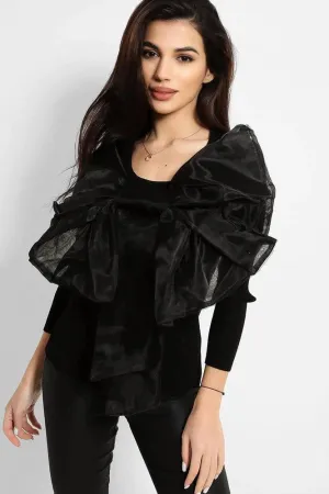 All Black Large Organza Bow Rib Knit Pullover