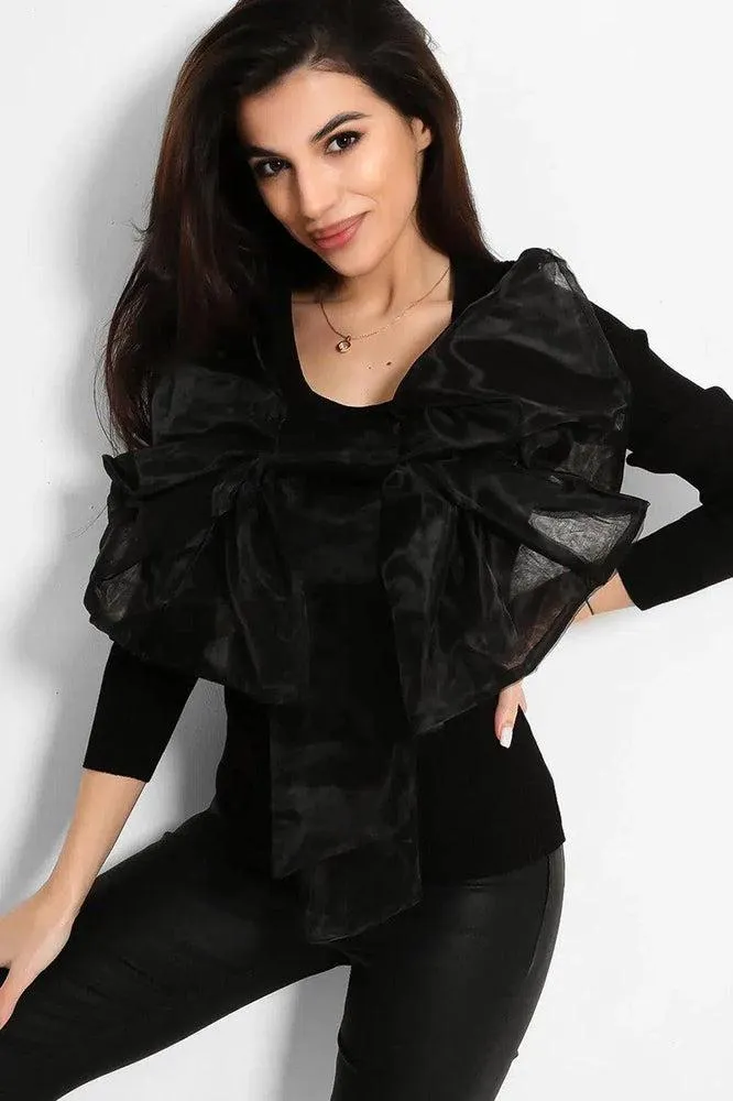 All Black Large Organza Bow Rib Knit Pullover