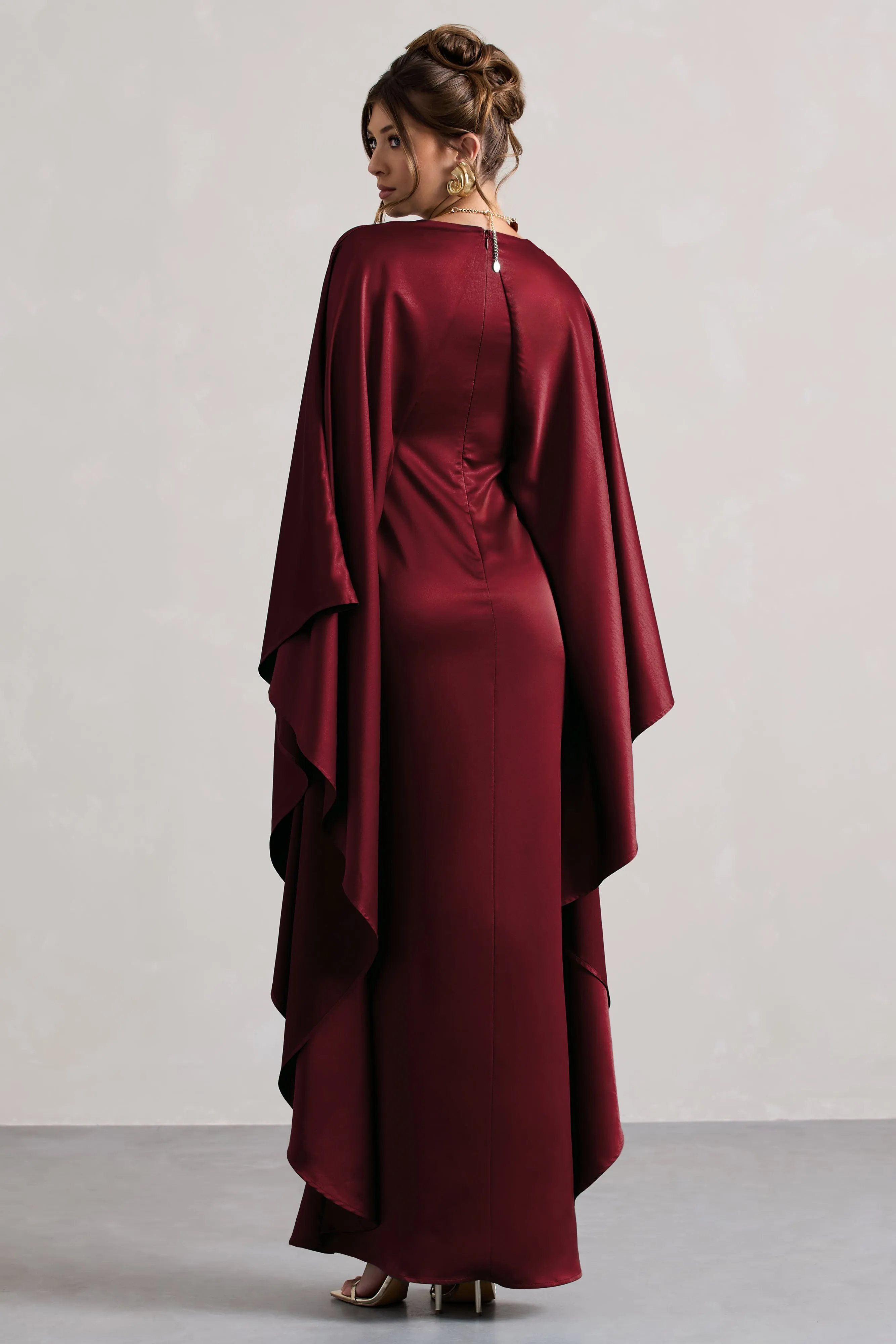 Alohi | Berry Satin Plunge Cape Maxi Dress