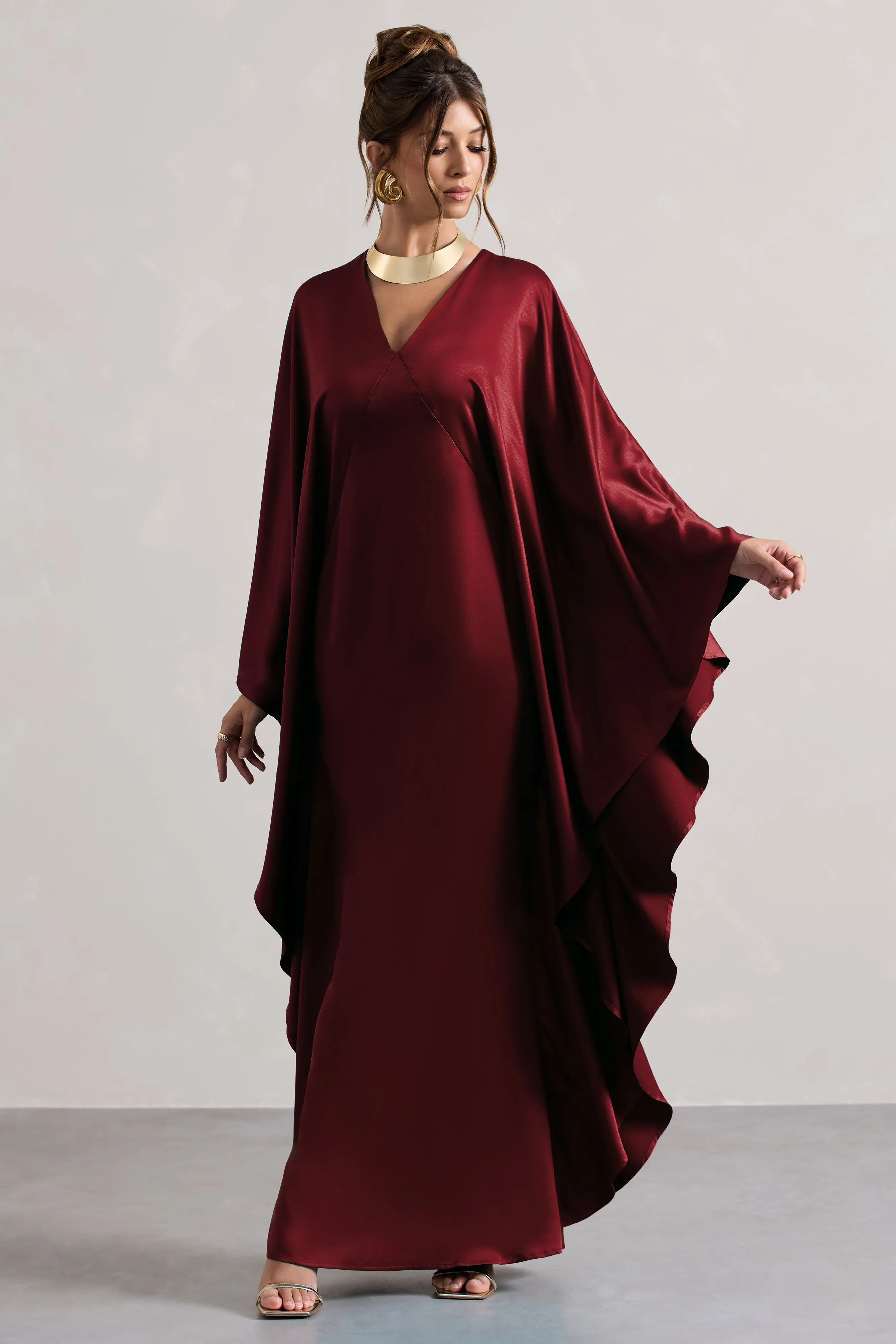 Alohi | Berry Satin Plunge Cape Maxi Dress