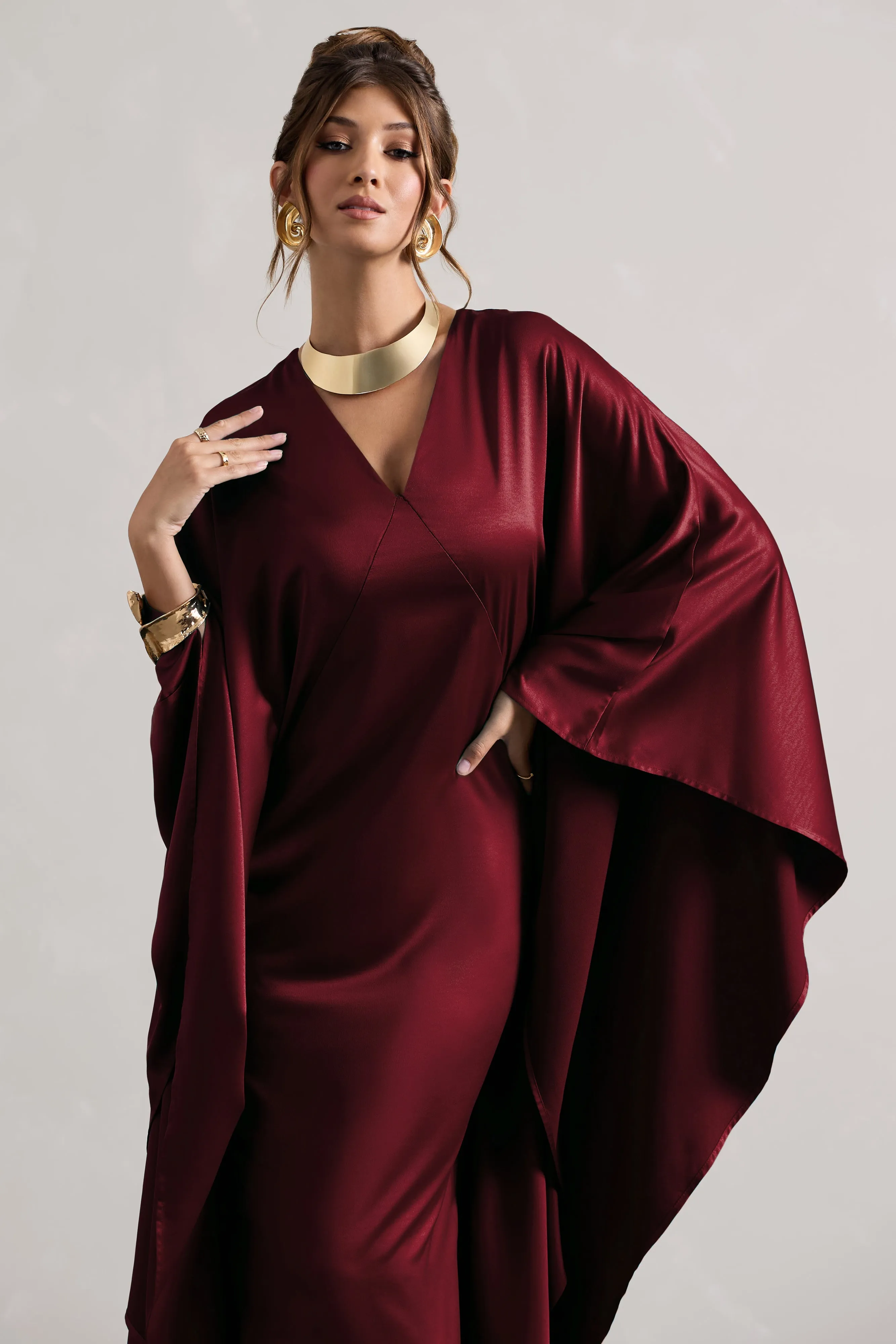 Alohi | Berry Satin Plunge Cape Maxi Dress