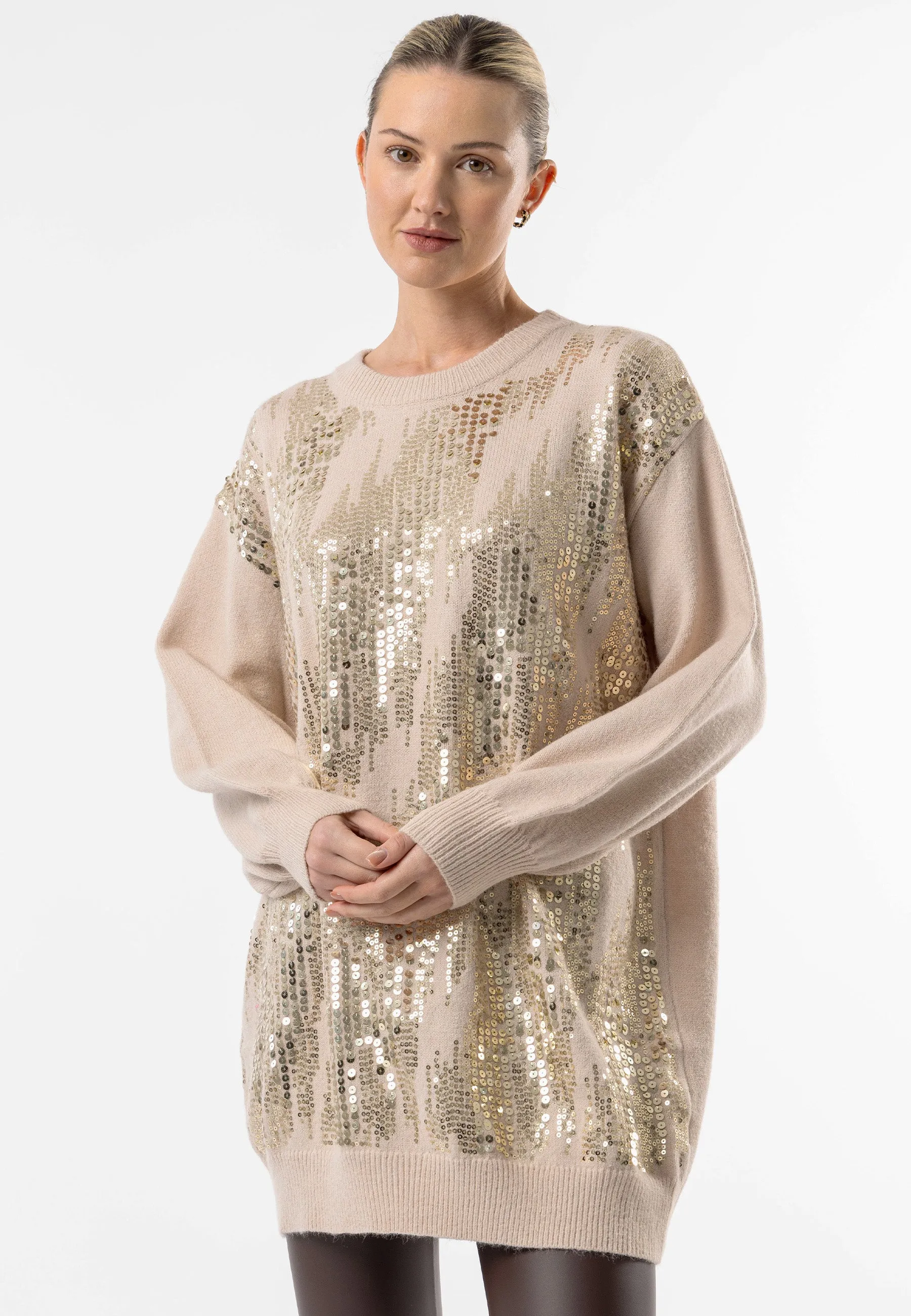 Apricot Long Knit Jumper with Gold Sequin Detail