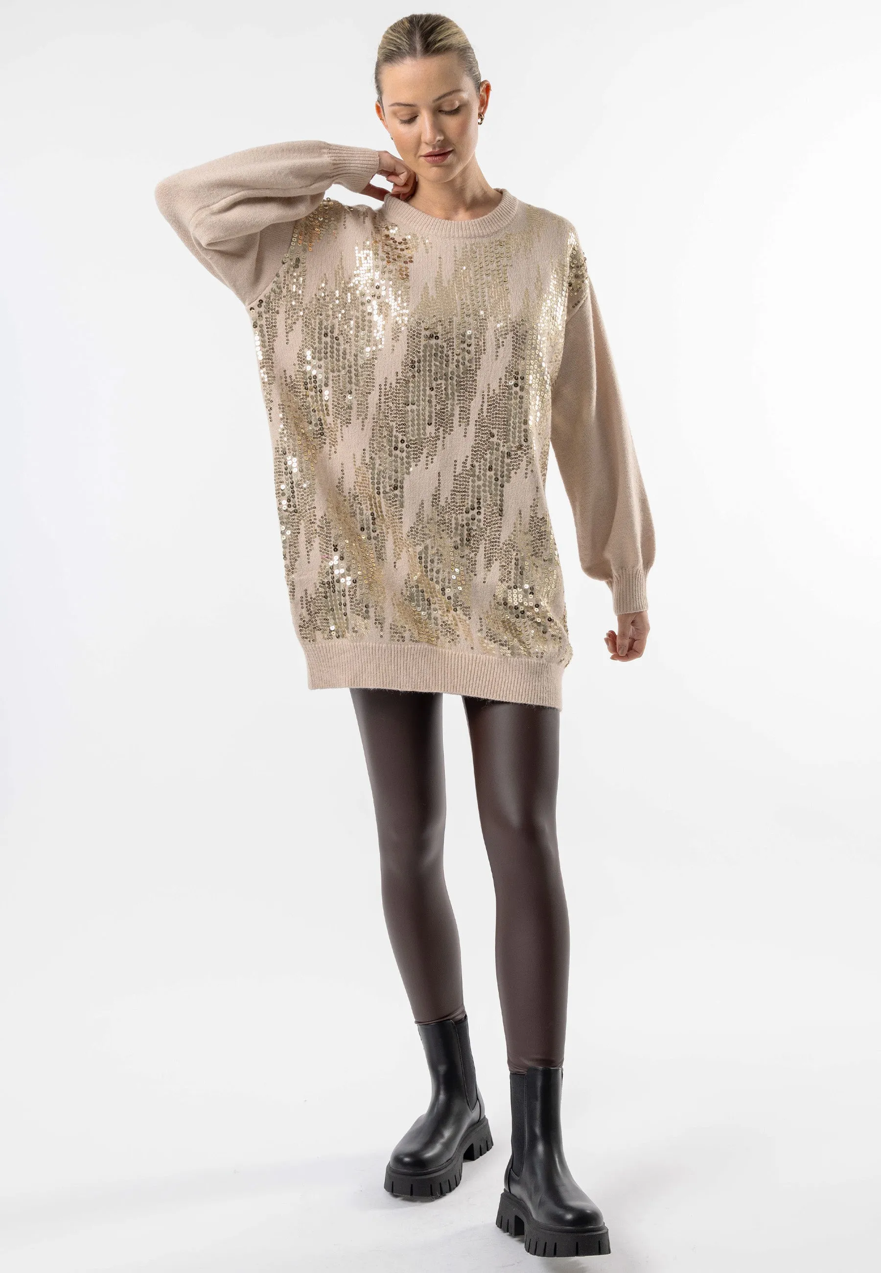 Apricot Long Knit Jumper with Gold Sequin Detail