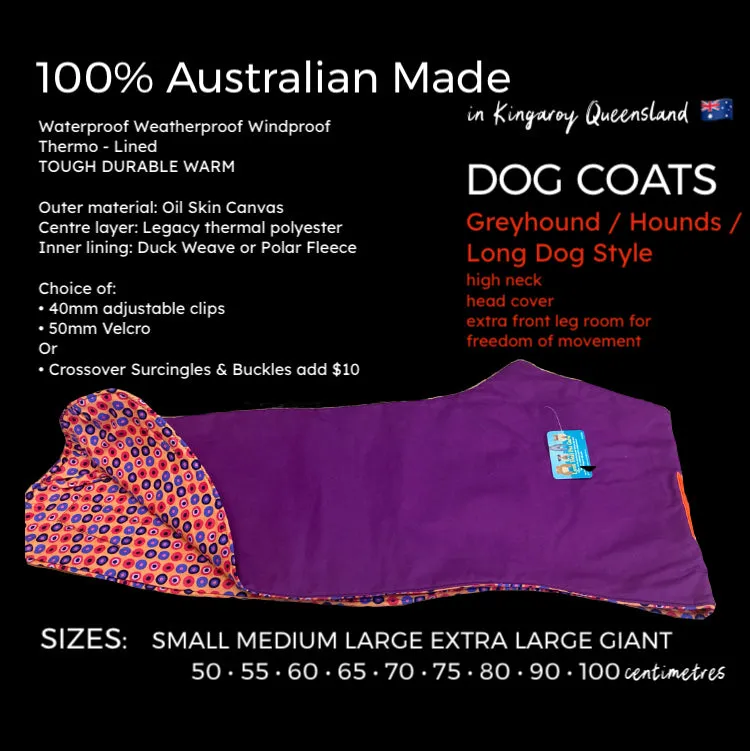 Australian Made Dog Coats Greyhound Longdog High Neck Thermal lined Oilskin