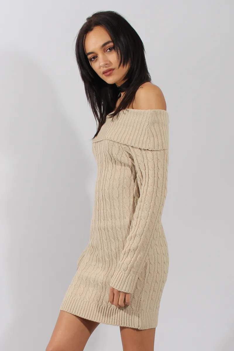 Beige Cable Knit Bardot Dress - Peeta