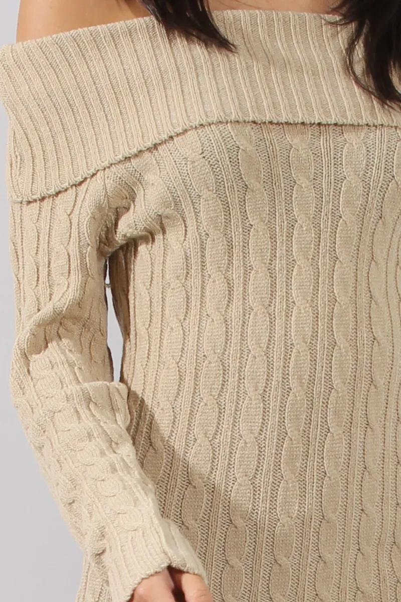 Beige Cable Knit Bardot Dress - Peeta