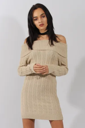 Beige Cable Knit Bardot Dress - Peeta