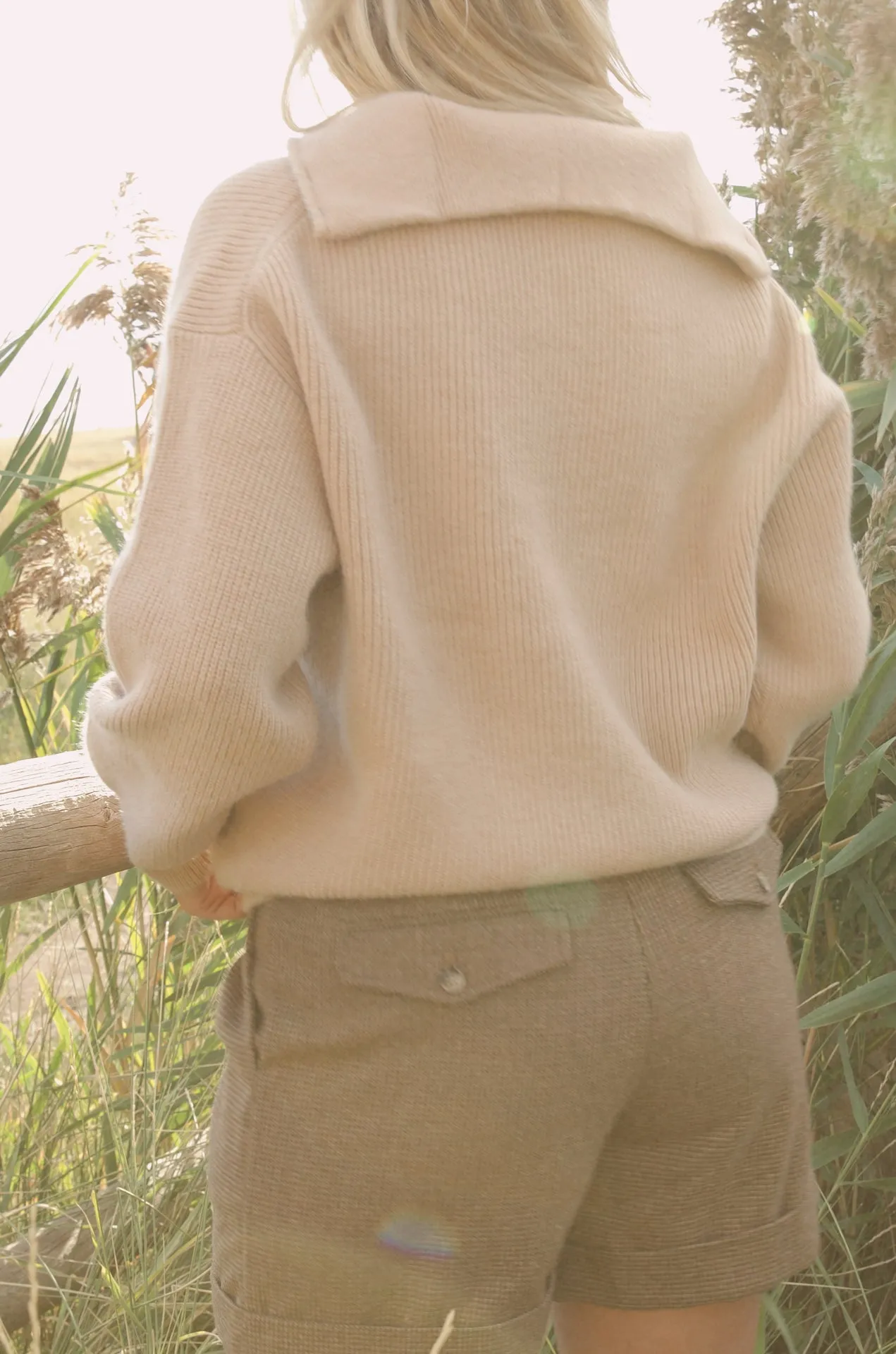 Beige Ribbed Half Zip Sweater