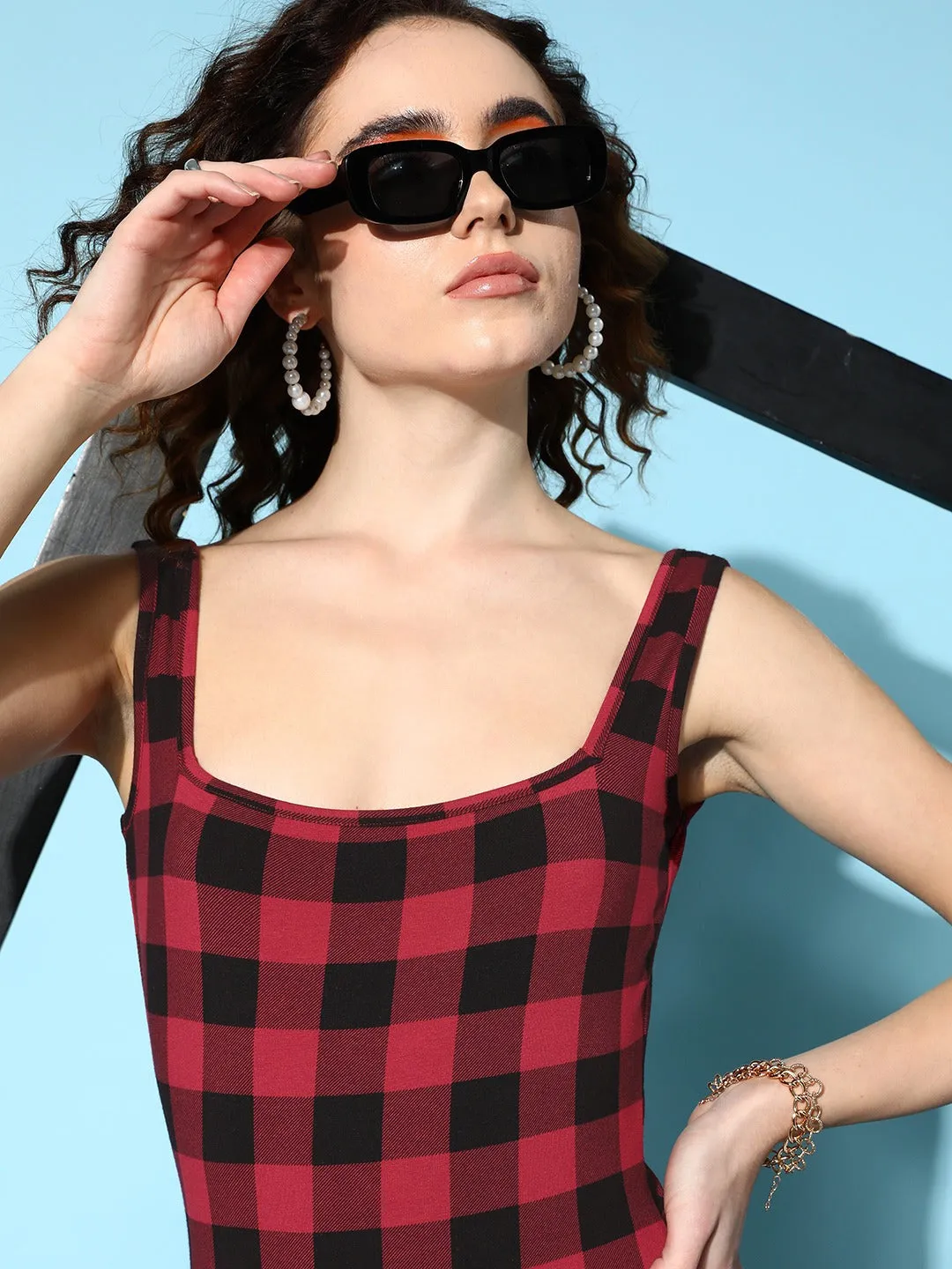 Berrylush Women Red & Black Checked Print Square Neck Crepe Straight Hem Bodycon Mini Dress