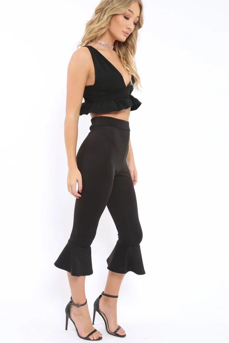 Black Cropped Flare Hem Trousers - Aniesha