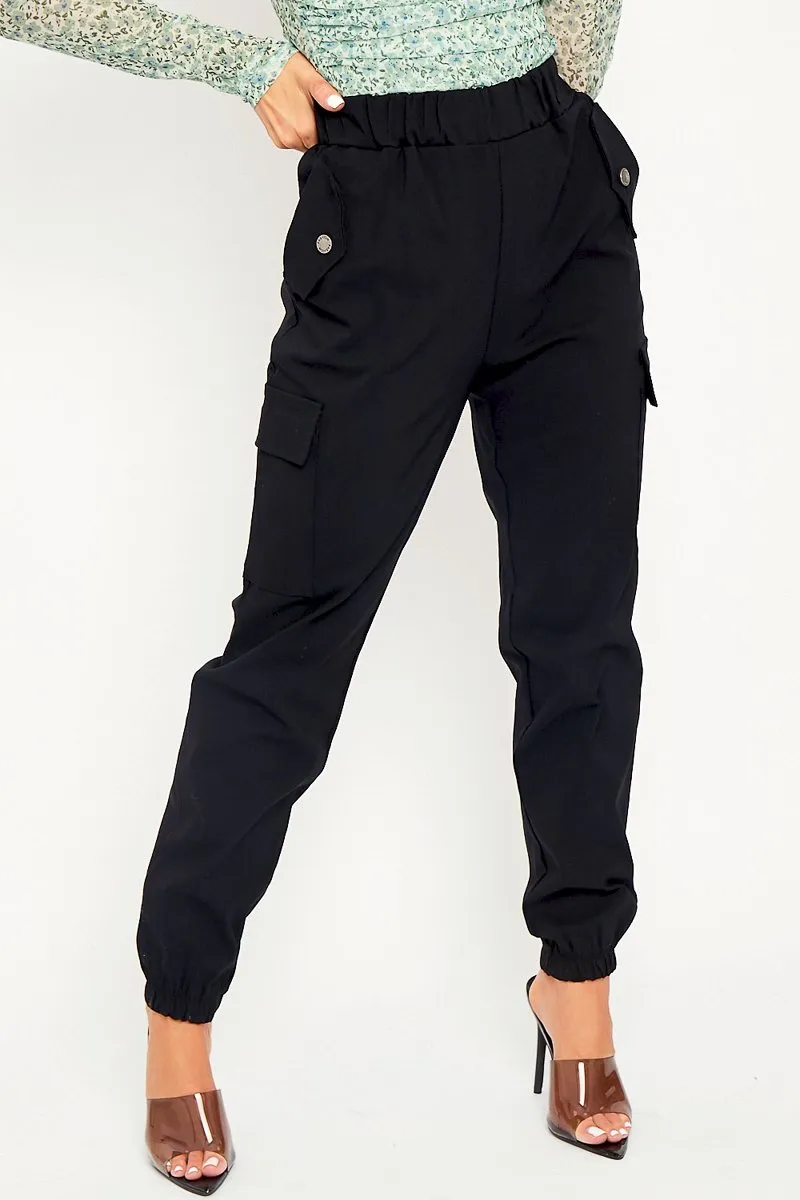 Black Elasticated Waist Cargo Trousers - Yalina