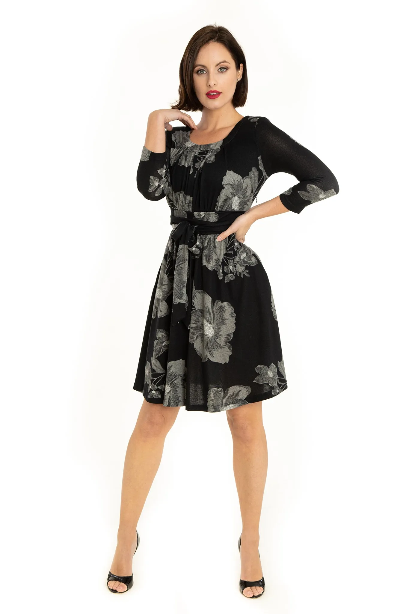 Black Gray Flowers 3/4 Sleeve Knit Dress