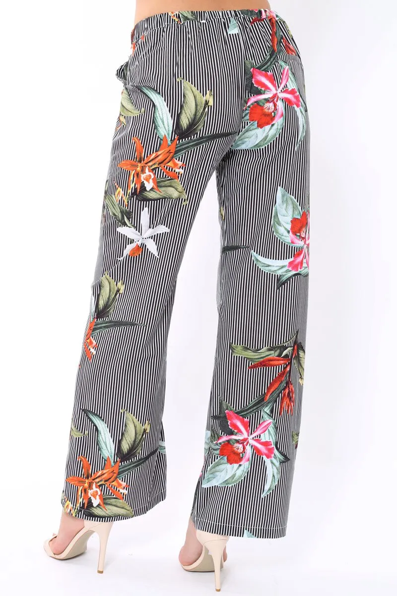 Black Stripe trousers with floral print - Venice