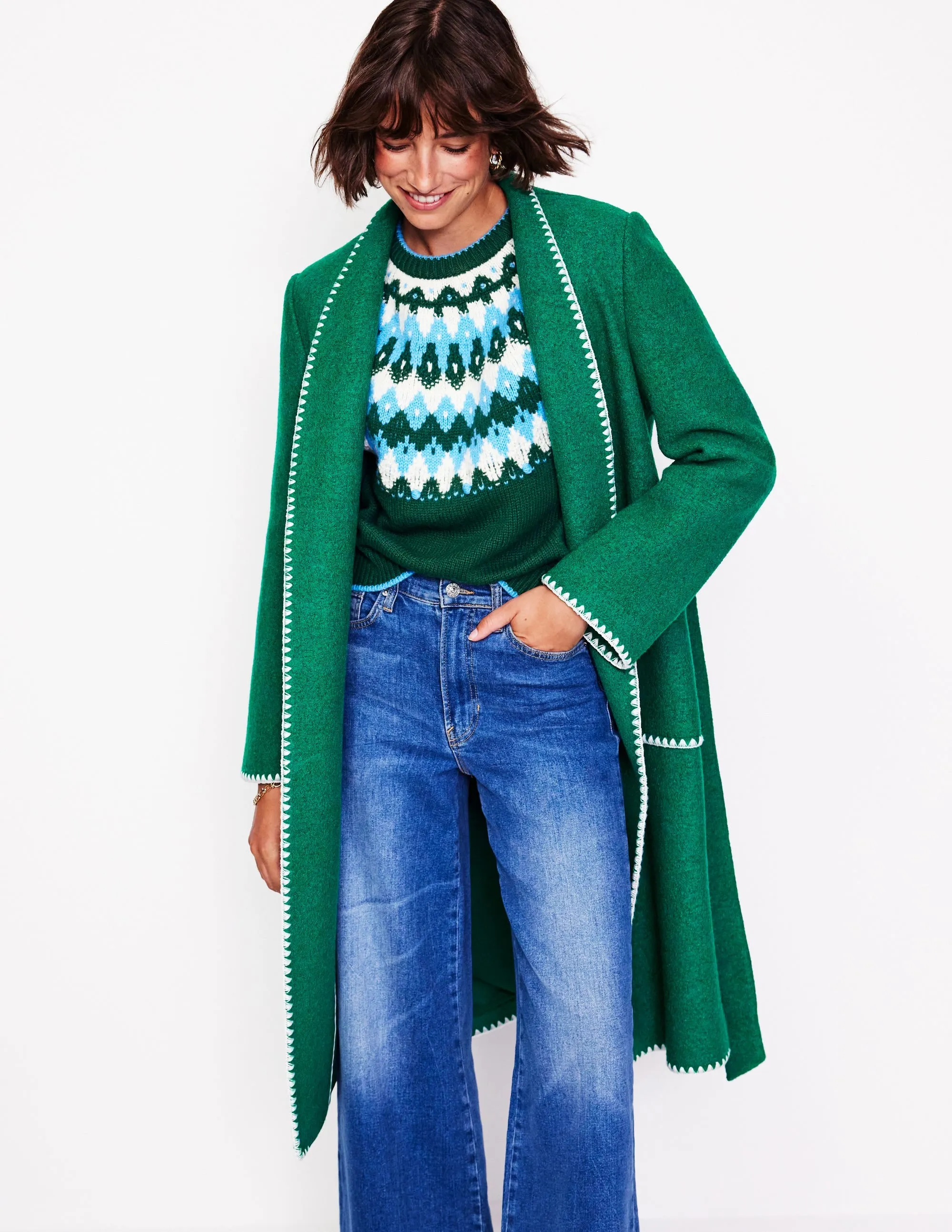 Blanket Stitch Wrap Coat-Alpine Green