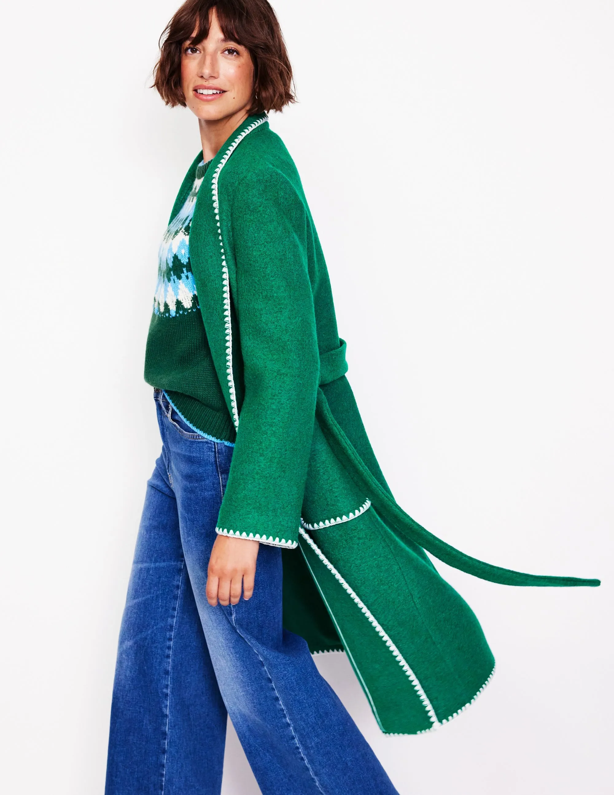 Blanket Stitch Wrap Coat-Alpine Green