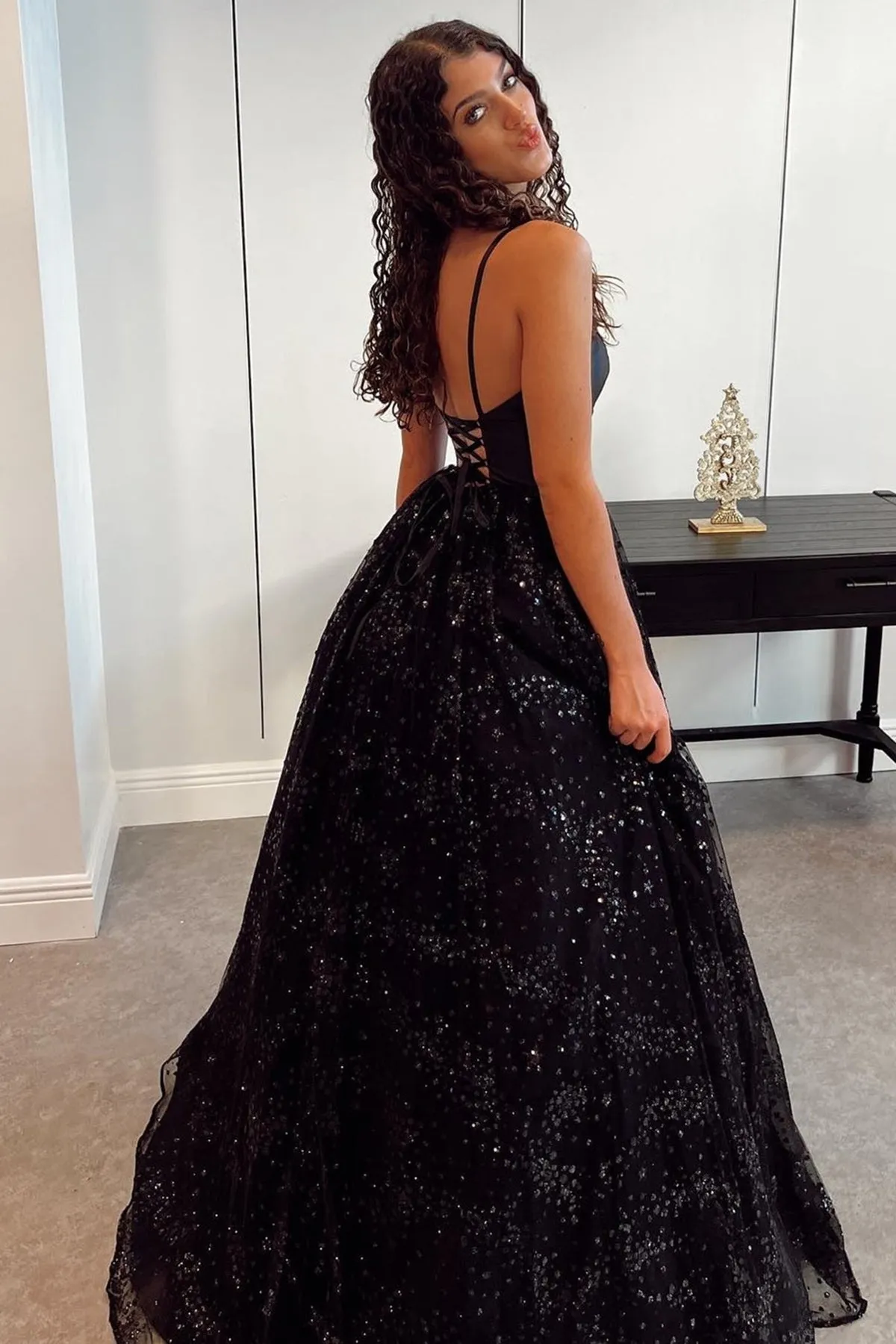 Bling Bling V Neck Black Sequins Long Prom Dresses, Backless Black Formal Dresses, Black Evening Dresses A1531