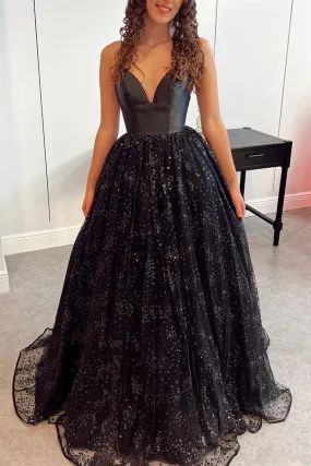 Bling Bling V Neck Black Sequins Long Prom Dresses, Backless Black Formal Dresses, Black Evening Dresses A1531