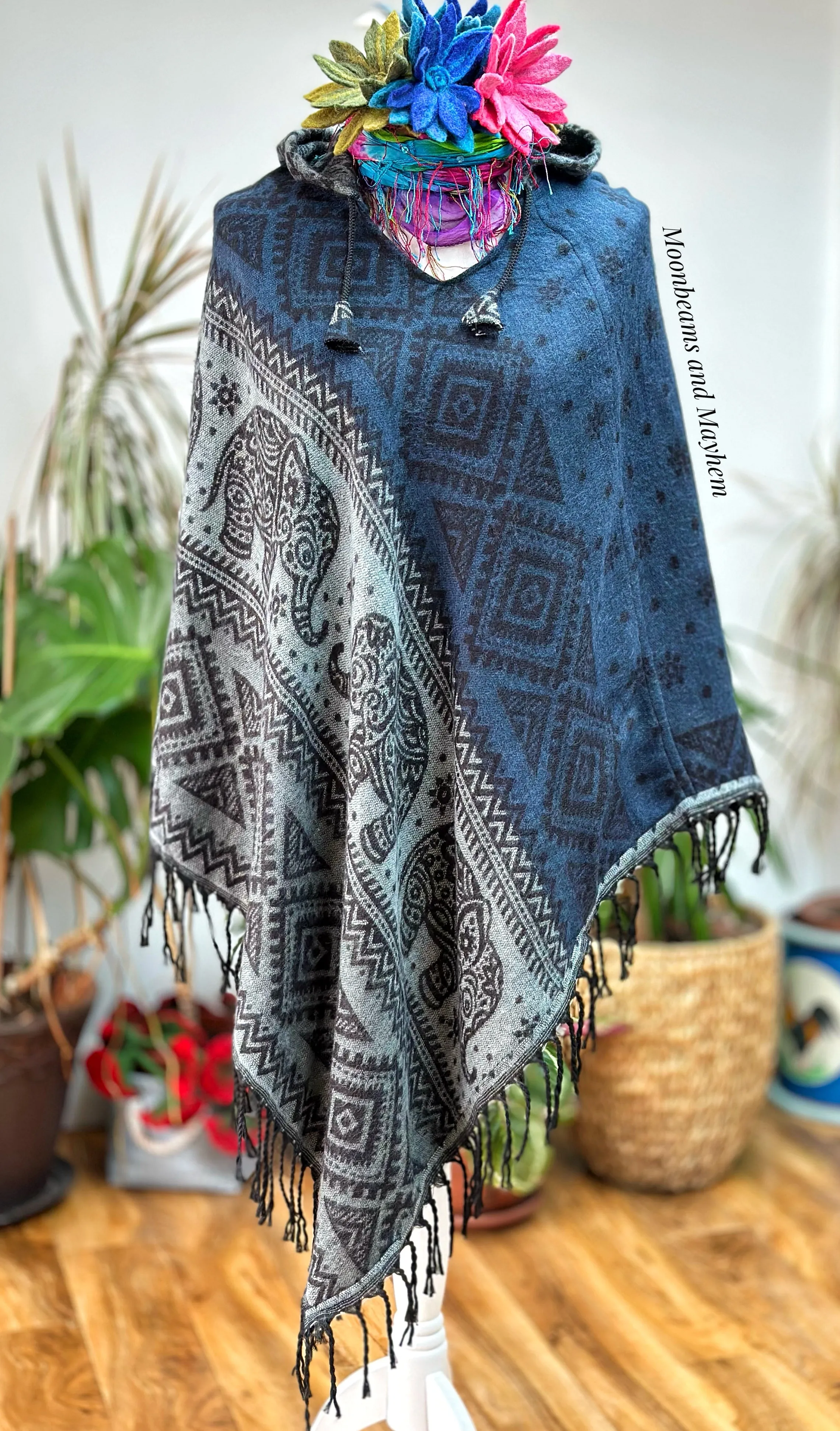 BLUE INDIAN ELEPHANT HOODED PONCHO