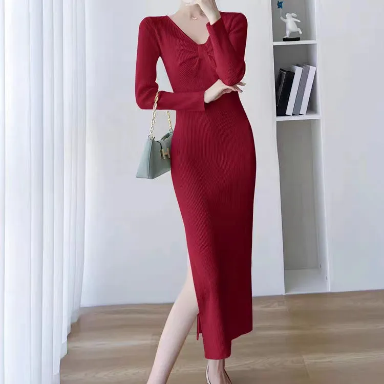 Bodycon Hip-Hugging Temperament Slit Knitted Dress