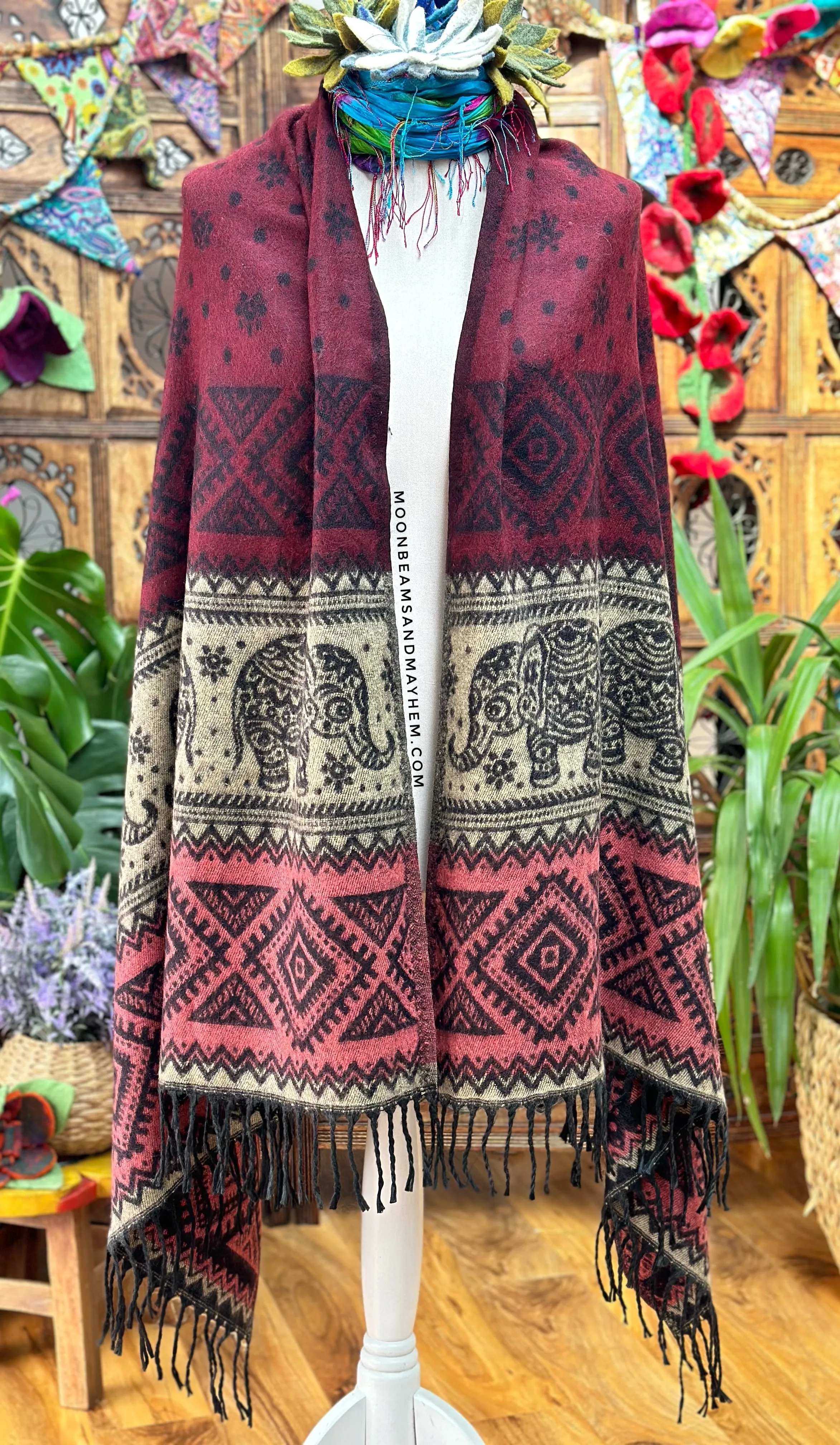 BORDEAUX MIX INDIAN ELEPHANT BLANKET WRAP / SHAWL