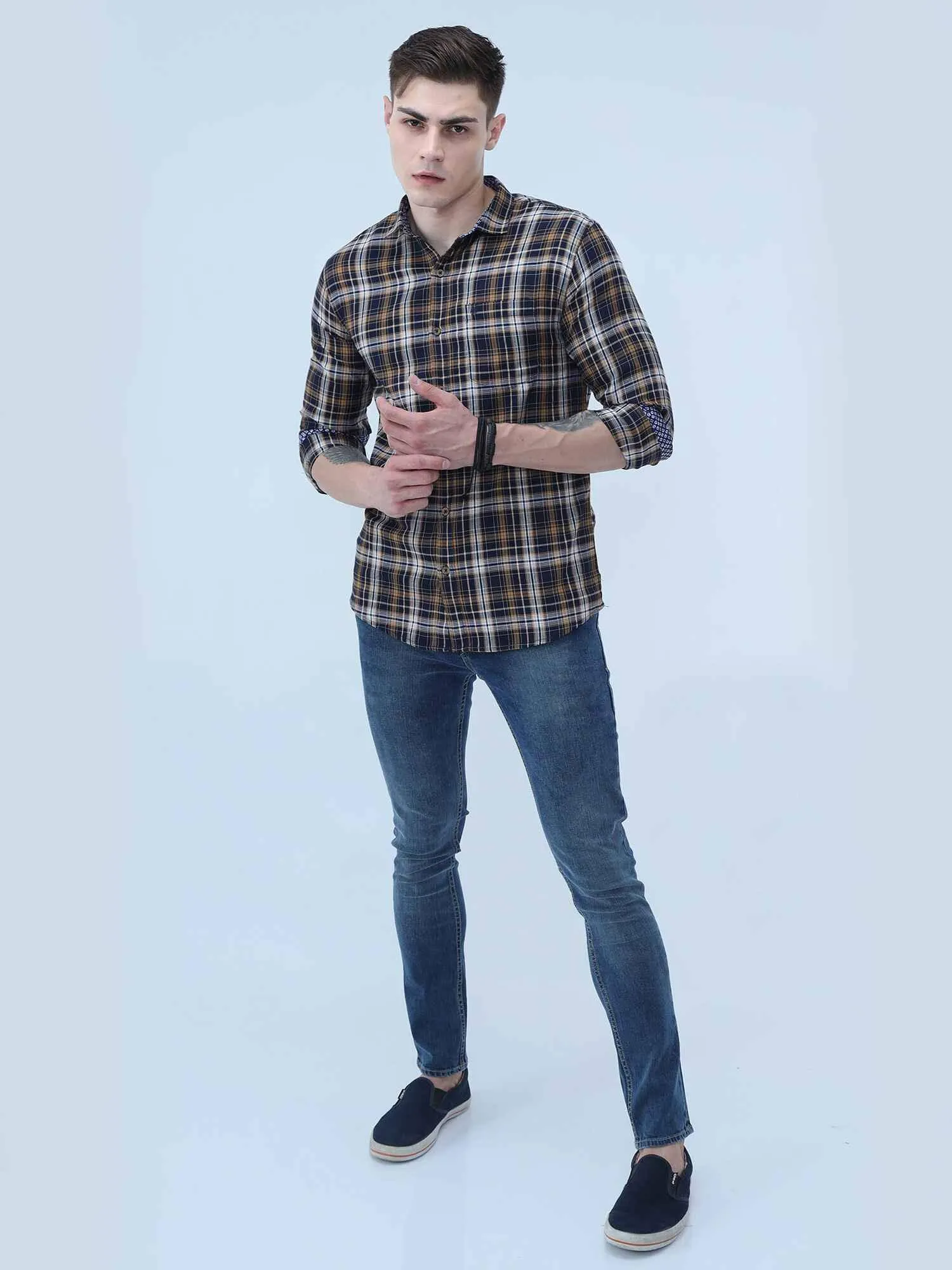 Brown on White Checkered Cotton Full Shirt