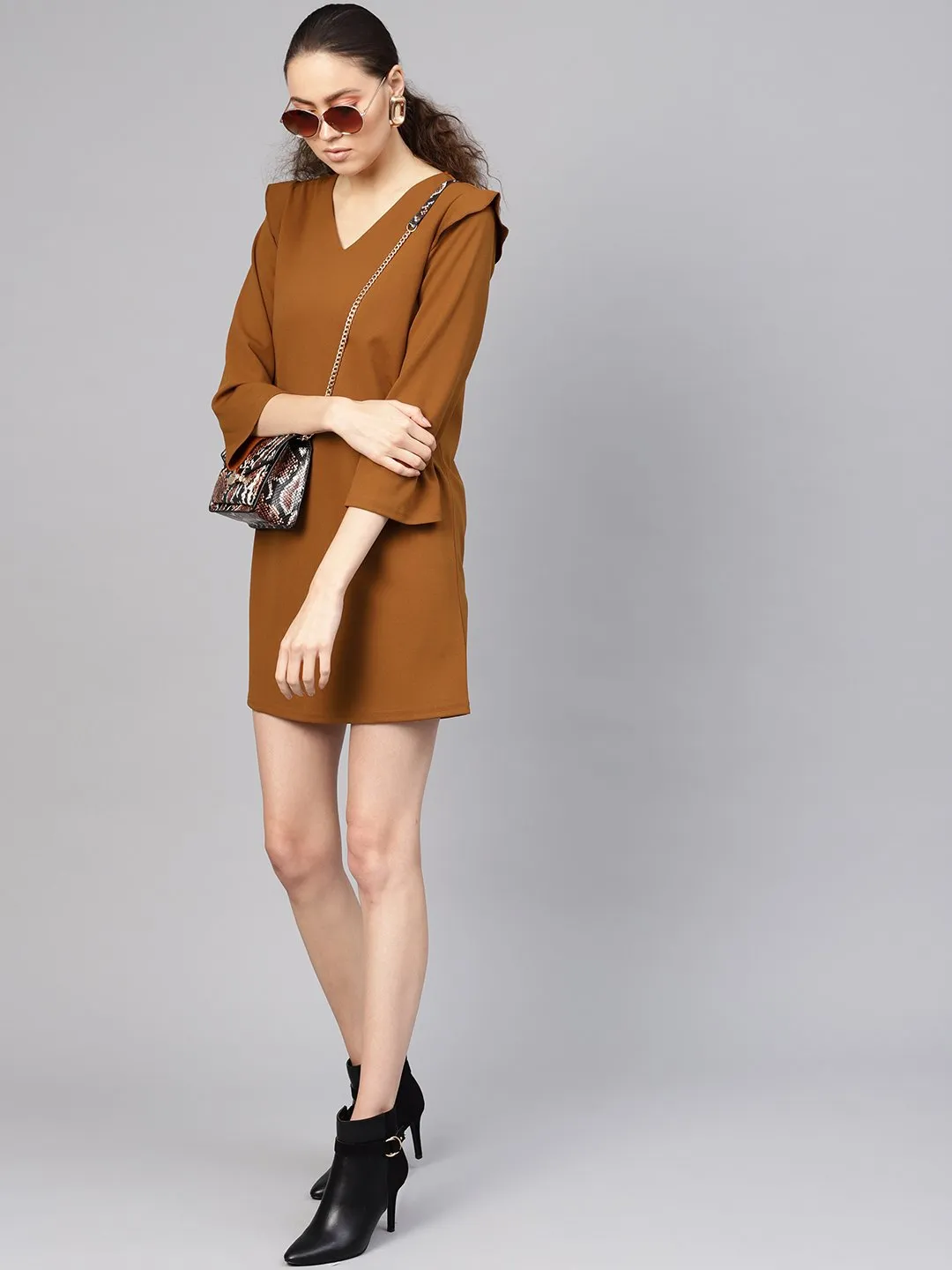 Brown V-Neck Shift Dress