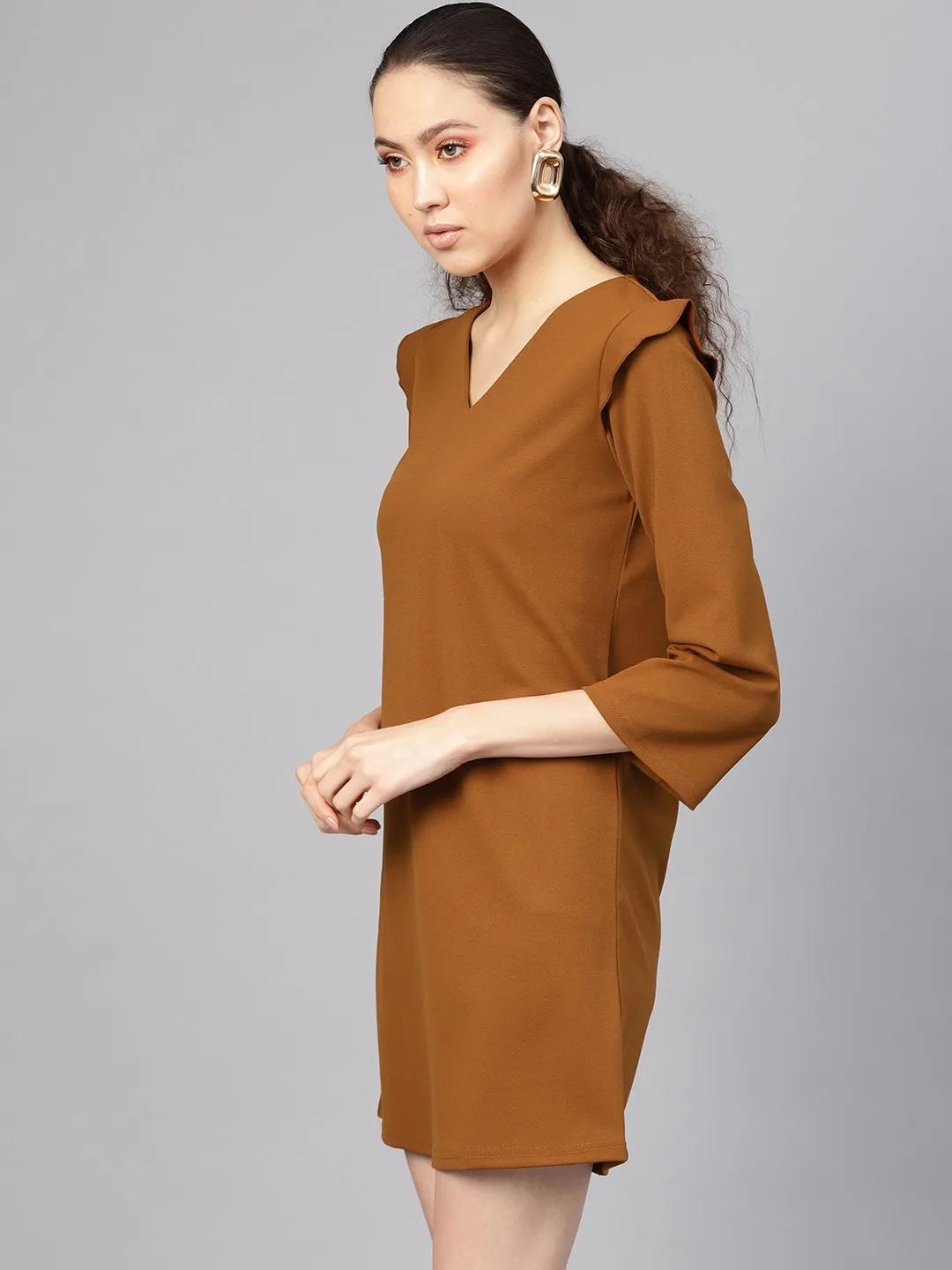 Brown V-Neck Shift Dress