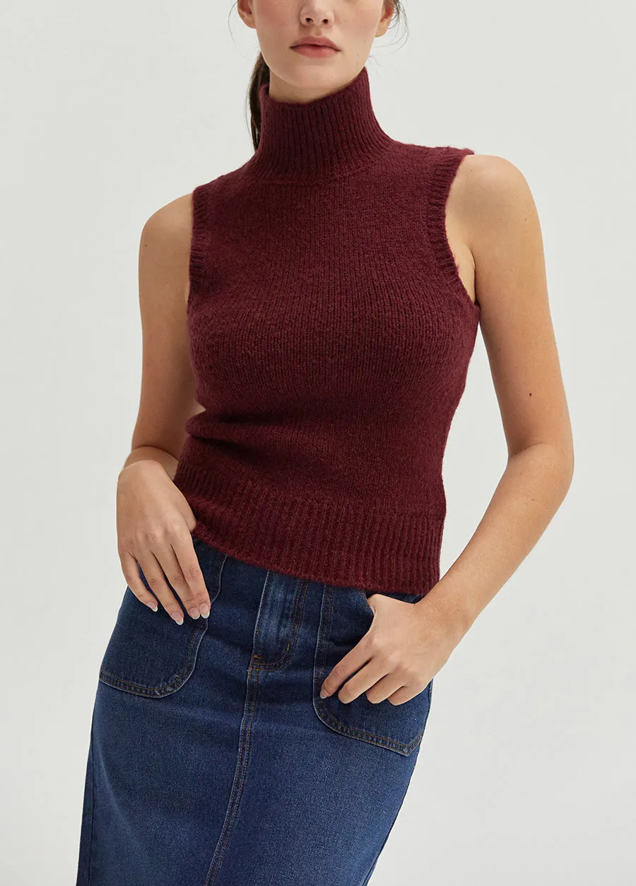 Cabernet Red Sleeveless Turtleneck Top