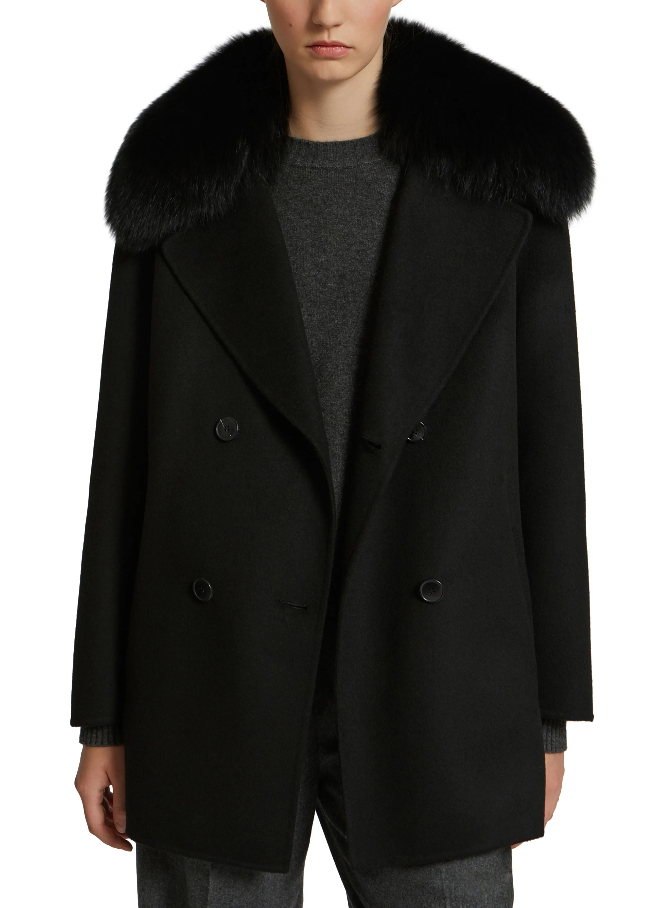 Cashmere wool peacot with fox fur collar