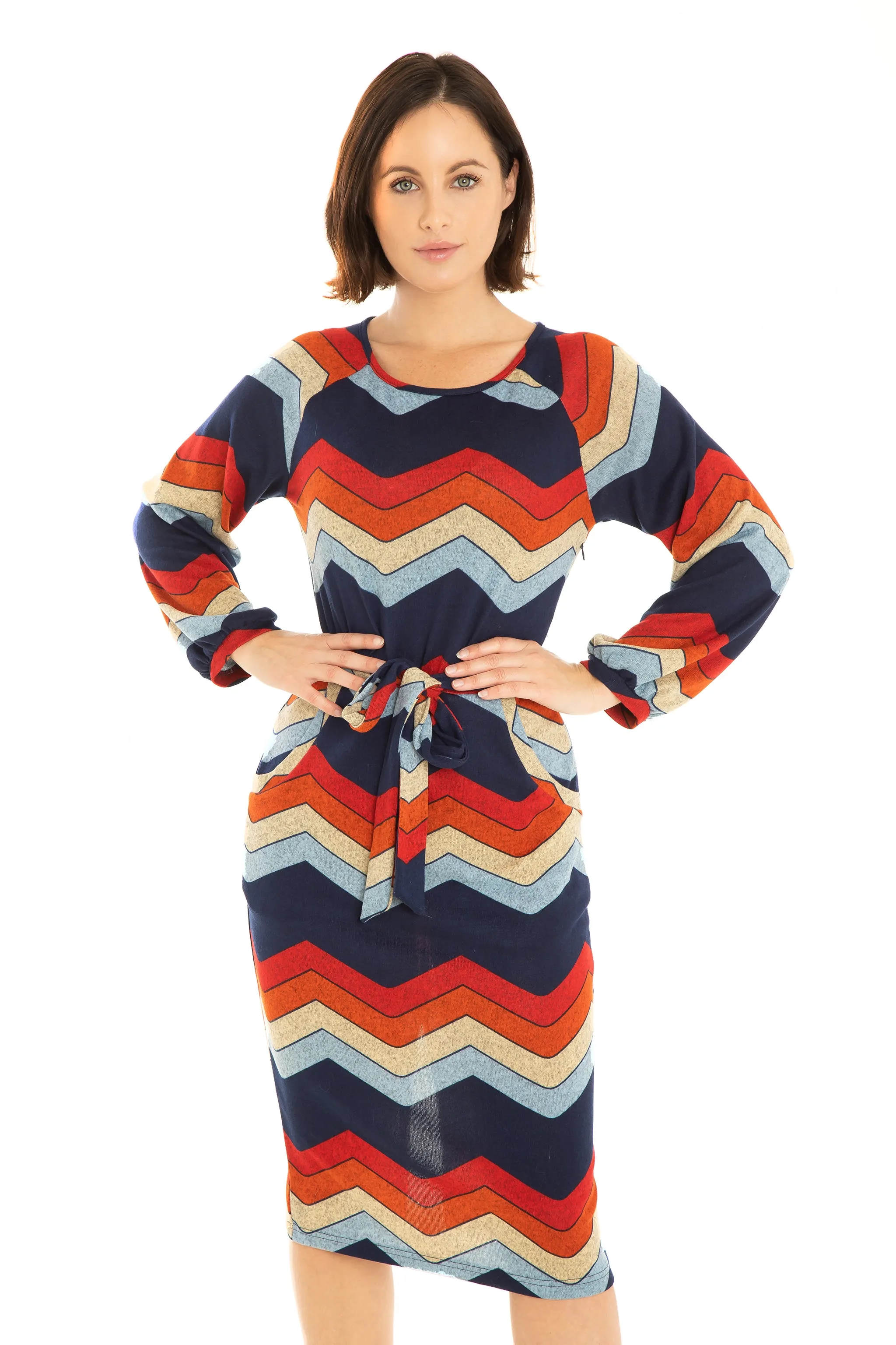 Chevron Pattern Long Sleeve Knit Pencil Dress