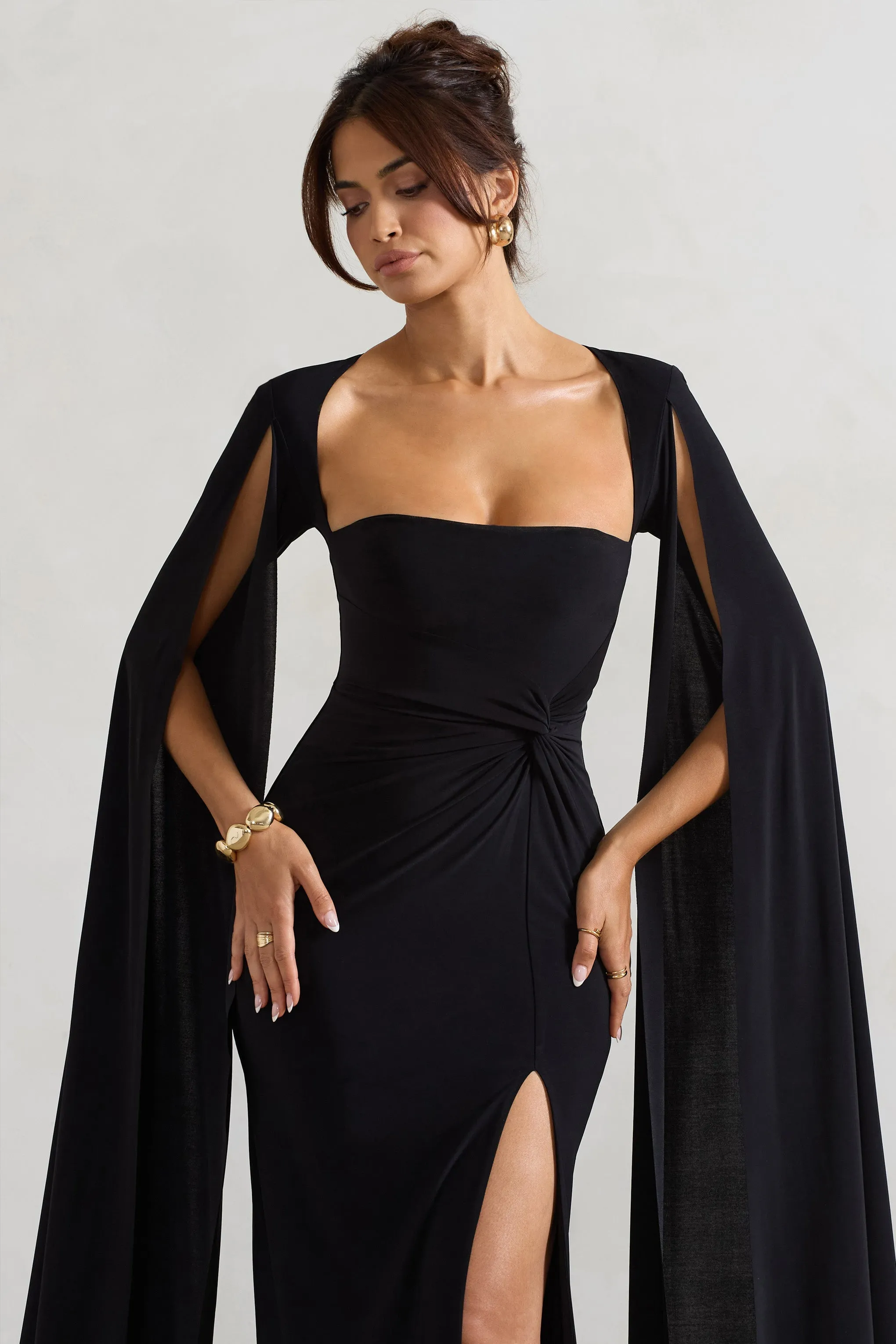 Claretta | Black Square Neck Twisted Maxi Dress With Cape Sleeves