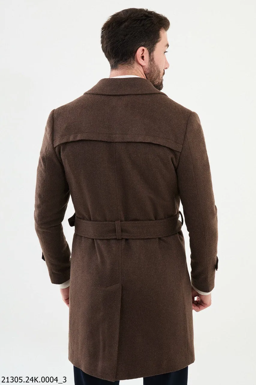 Classic Brown Belted Overcoat with Asymmetrical Button.