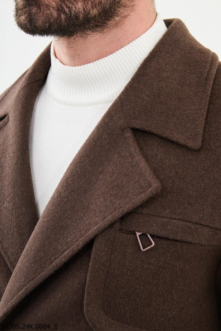 Classic Brown Belted Overcoat with Asymmetrical Button.