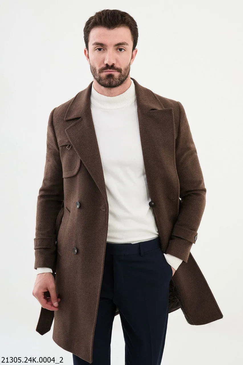 Classic Brown Belted Overcoat with Asymmetrical Button.