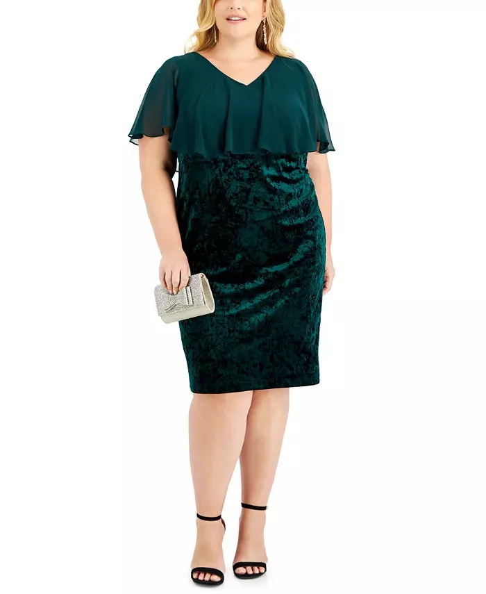 Connected Regular & Plus Size Cape-Overlay Ruched Velvet Dress