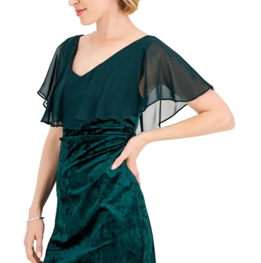 Connected Regular & Plus Size Cape-Overlay Ruched Velvet Dress