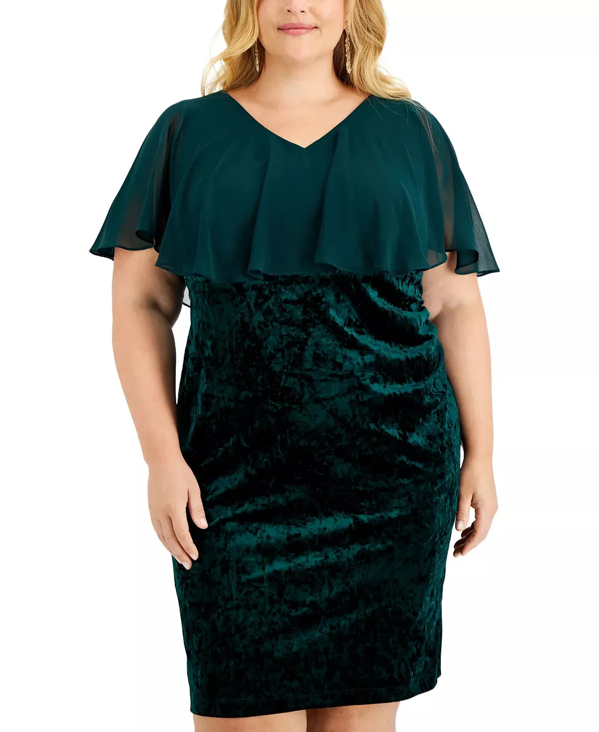 Connected Regular & Plus Size Cape-Overlay Ruched Velvet Dress