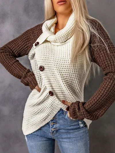 Contrast Decorative Button Turtleneck Sweater