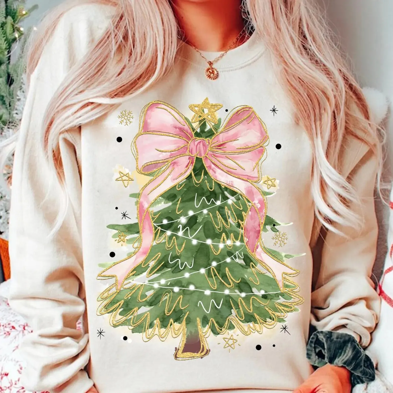 Coquette Glitter Christmas Tree Crewneck Sweater - Cream